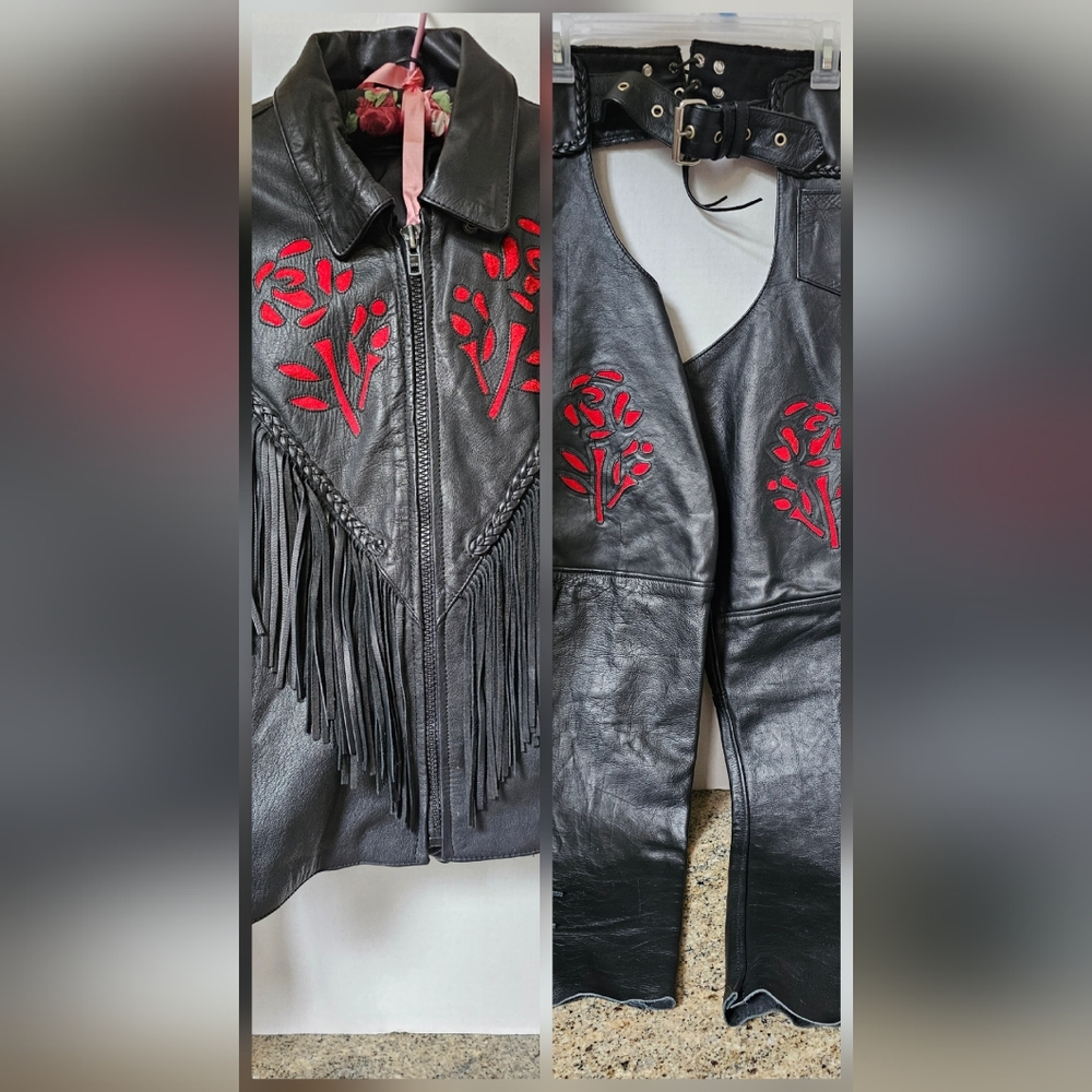 Vintage Unik Black Leather Fringed Jacket And Chaps Womens XL & SM